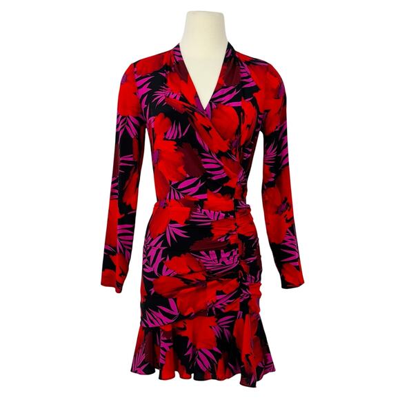Veronica Beard Lorina Floral-Print Tie-Front Mini Dress Long Sleeve Silk Poppy 0 - Picture 1 of 13